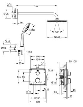 GROHE GROHTHERM sprchový set s podomítkovou termostatickou baterií, horní sprcha, ruční sprcha, hadice, držák, chrom 34734000 Technický nákres