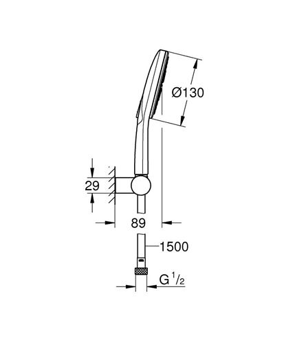 GROHE RAINSHOWER SMARTACTIVE 130 sprchová souprava 3-dílná, ruční sprcha pr. 130 mm, 3 proudy, hadice, držák, Water Saving, chrom 26580000 Technický nákres