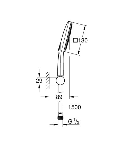 GROHE RAINSHOWER SMARTACTIVE 130 CUBE sprchová souprava 3-dílná, ruční sprcha 130x130 mm, 3 proudy, hadice, držák, Water Saving, chrom 26588000 Technický nákres