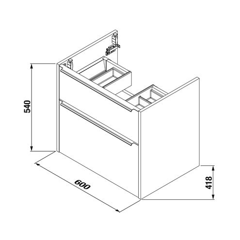 JIKA PURE skříňka s umyvadlem 60x44x54 cm, 2 zásuvky, lesklá bílá H40B2324025002 Technický nákres