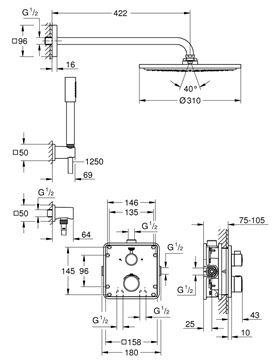 GROHE GROHTHERM sprchový set s podomítkovou termostatickou baterií, horní sprcha, ruční sprcha, hadice, kolínko, držák, chrom 34730000 Technický nákres