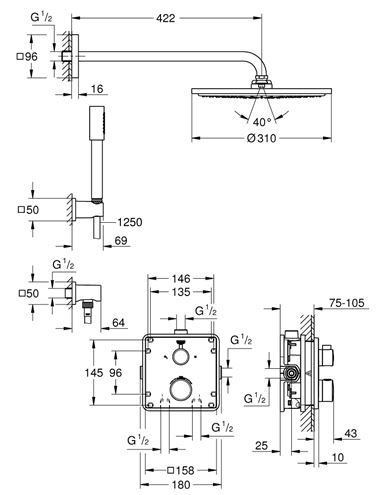 GROHE GROHTHERM sprchový set s podomítkovou termostatickou baterií, horní sprcha, ruční sprcha, hadice, kolínko, držák, chrom 34730000 Technický nákres