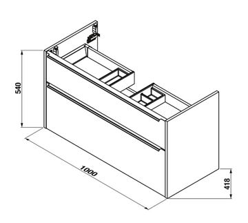 JIKA PURE skříňka s umyvadlem 100x41,8x54 cm, 2 zásuvky, matná černá H40B2364023532 Technický nákres