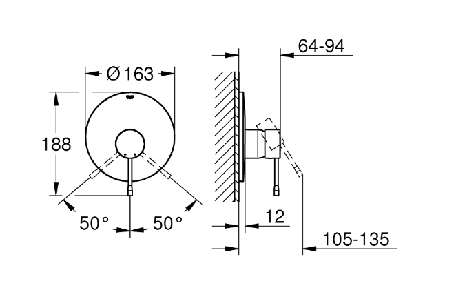GROHE ESSENCE NEW sprchová podomítková baterie, hard graphite 19286A01 Technický nákres