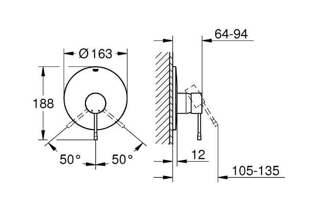 GROHE ESSENCE NEW sprchová podomítková baterie, supersteel 19286DC1 Technický nákres