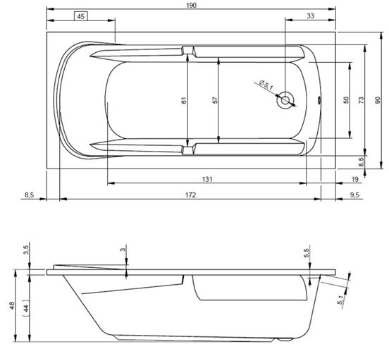 RIHO FUTURE 190 XL vana 190x90 cm, bez nožiček, akrylát B075001005 Technický nákres