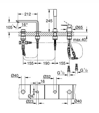 GROHE LINEARE baterie na okraj vany, 4-otvorová, s přepínačem, se sprchovou soupravou, chrom 19577001 Technický nákres