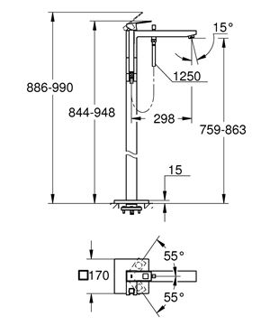 GROHE EUROCUBE vanová baterie na podlahu, s přepínačem, se sprchovou soupravou, chrom 23672001 Technický nákres