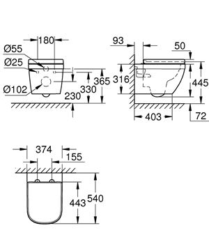 GROHE EURO CERAMIC závěsné WC se SoftClose sedátkem, Rimless splachování 39703000 Technický nákres