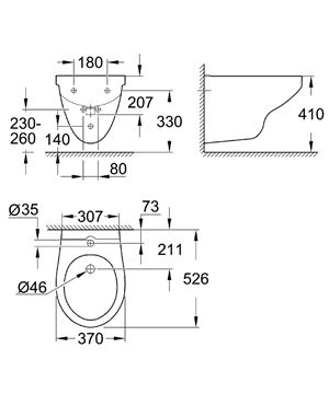 GROHE BAU CERAMIC závěsný bidet, alpská bílá 39433000 Technický nákres