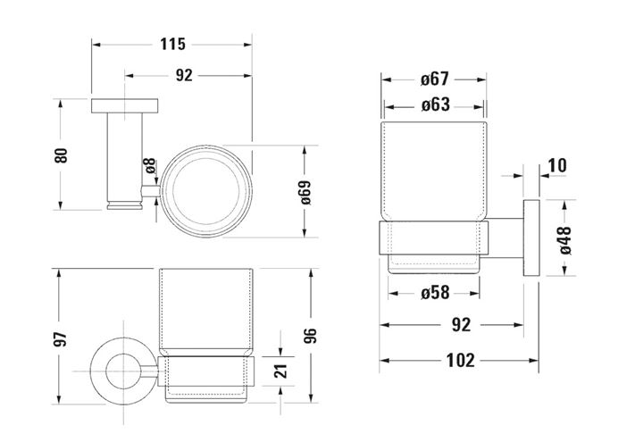 DURAVIT D-CODE nástěnný pohárek, sklo, chrom 0099201000 Technický nákres