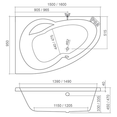 ROTH HARMONIA 160 rohová vana 160x95 cm, bez nožiček, akrylát 9830000 Technický nákres