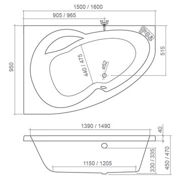 ROTH HARMONIA 160 rohová vana 160x95 cm, bez nožiček, akrylát 9830000 Technický nákres