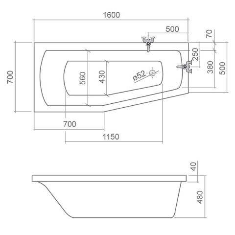 ROTH MINI rohová vana 160x70 cm, bez nožiček, akrylát N-8000073 Technický nákres