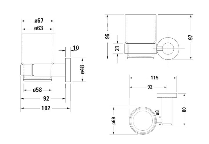 DURAVIT D-CODE nástěnný pohárek, sklo, chrom 0099191000 Technický nákres