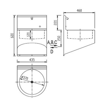 AZP BRNO umyvadlo 43,5 cm, s piezo baterií, napájení ze sítě, bez přepadu, antivandal, nerez BSAU 02.2 Technický nákres
