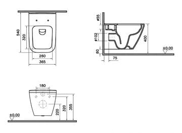 VITRA INTEGRA SQUARE závěsné WC, Rim-ex splachování, VitrAhygiene 7082B003-0075 Technický nákres