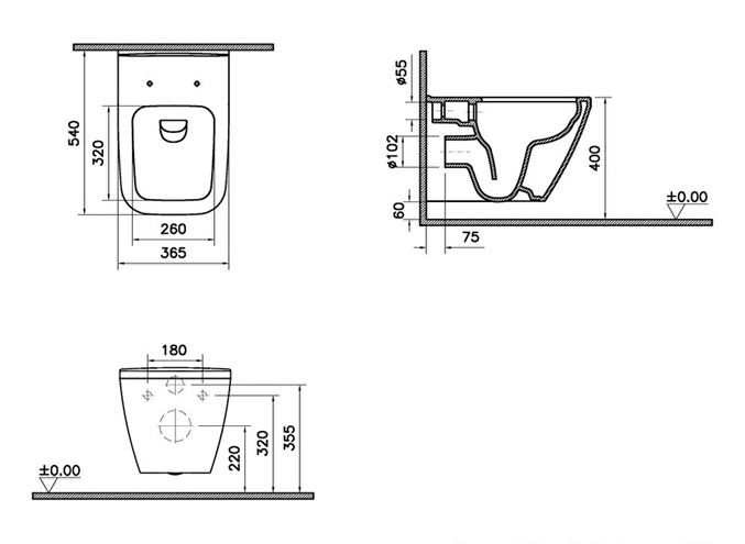 VITRA INTEGRA SQUARE závěsné WC, Rim-ex splachování, VitrAhygiene 7082B003-0075 Technický nákres