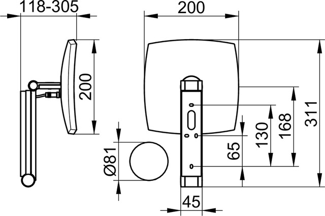 KEUCO ILOOK_MOVE kosmetické zrcátko 200x200 mm, zvětšovací, s osvětlením, chrom 17613019002 Technický nákres