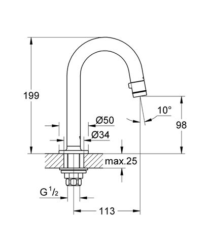 GROHE UNIVERSAL umyvadlová stojánková baterie pro jednu vodu, chrom 20201000 Technický nákres