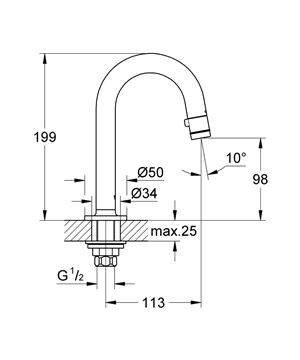 GROHE UNIVERSAL umyvadlová stojánková baterie pro jednu vodu, chrom 20201000 Technický nákres
