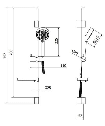 RAF sprchová souprava 4-dílná, ruční sprcha pr. 115 mm, 5 proudů, tyč, hadice, mýdlenka, chrom SK525 Technický nákres