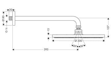 HANSGROHE RAINDANCE S 300 1JET horní sprcha pr. 300 mm, s ramenem, EcoSmart, chrom 26601000 Technický nákres
