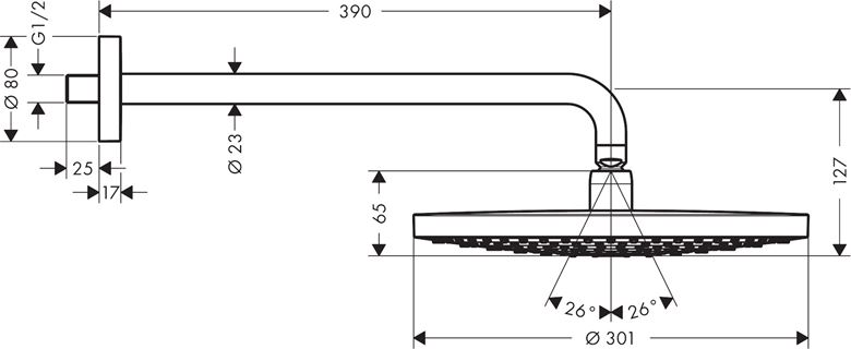 HANSGROHE RAINDANCE SELECT S 300 2JET horní sprcha pr. 301 mm, 2 proudy, s ramenem, chrom 27378000 Technický nákres