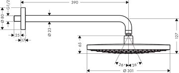 HANSGROHE RAINDANCE SELECT S 300 2JET horní sprcha pr. 301 mm, 2 proudy, s ramenem, chrom 27378000 Technický nákres