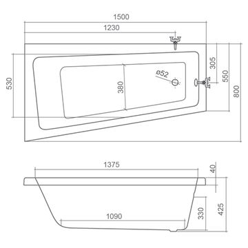 ROTH EVA SIDE rohová vana 150x80 cm, bez nožiček, akrylát 9790000 Technický nákres