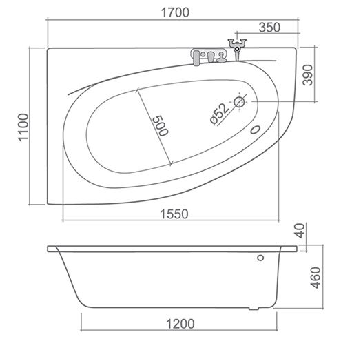 ROTH ISABELLA NEO rohová vana 170x110 cm, bez nožiček, akrylát 9700000 Technický nákres