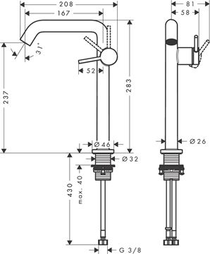 HANSGROHE TECTURIS S umyvadlová stojánková baterie 240 Fine, s odtokovou soupravou, CoolStart, EcoSmart+, matná černá 73370670 Technický nákres