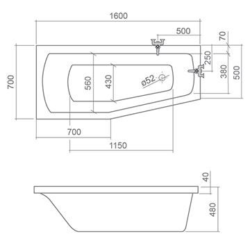 ROTH MINI rohová vana 160x70 cm, bez nožiček, akrylát N-8000074 Technický nákres