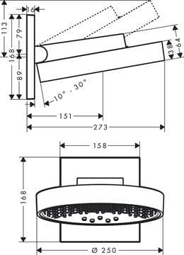 HANSGROHE RAINFINITY 250 3JET horní sprcha pr. 250 mm, 3 proudy, s ramenem, matná bílá 26232700 Technický nákres