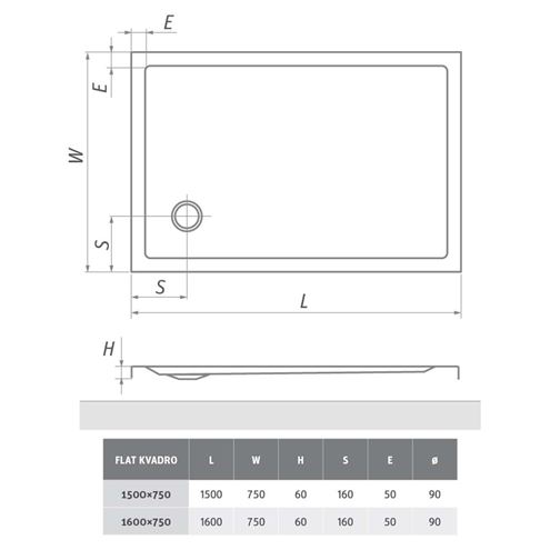ROTH FLAT KVADRO sprchová vanička 150x75 cm, akrylát, bez nožiček 8000243 Technický nákres