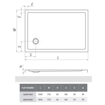 ROTH FLAT KVADRO sprchová vanička 150x75 cm, akrylát, bez nožiček 8000243 Technický nákres