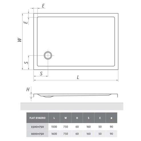 ROTH FLAT KVADRO sprchová vanička 160x75 cm, akrylát, bez nožiček 8000244 Technický nákres