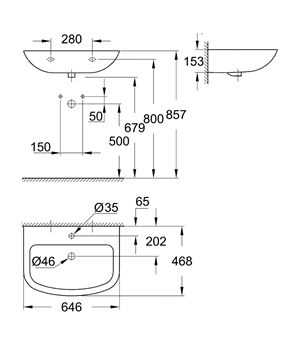 GROHE BAU CERAMIC umyvadlo 65 cm, s otvorem pro baterii a přepadem 39420000 Technický nákres
