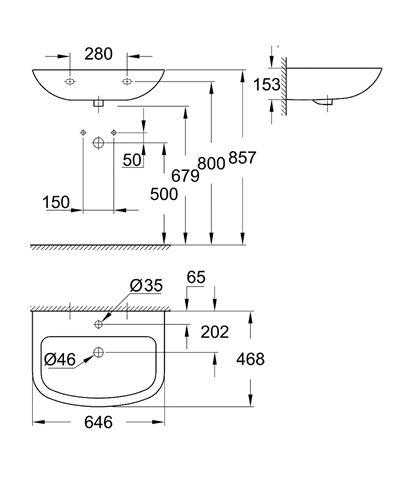 GROHE BAU CERAMIC umyvadlo 65 cm, s otvorem pro baterii a přepadem 39420000 Technický nákres
