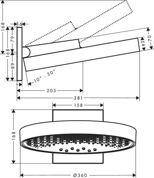 HANSGROHE RAINFINITY 360 3JET horní sprcha pr. 360 mm, 3 proudy, s ramenem, kartáčovaný černý chrom 26234340 Technický nákres