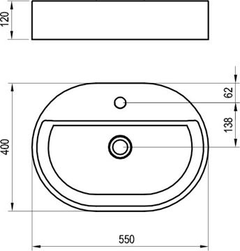 RAVAK CERAMIC SLIM SHELF O umyvadlo na desku 55 cm, s otvorem pro baterii a přepadem XJX01155003 Technický nákres