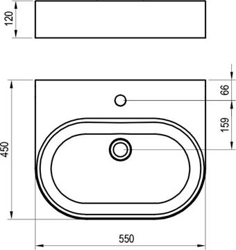 RAVAK CERAMIC SLIM WALL O umyvadlo na desku 55 cm, s otvorem pro baterii a přepadem XJX01155004 Technický nákres
