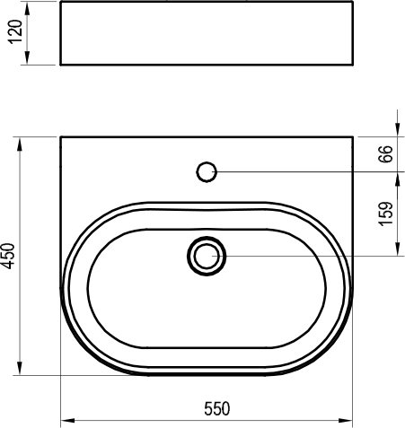 RAVAK CERAMIC SLIM WALL O umyvadlo na desku 55 cm, s otvorem pro baterii a přepadem XJX01155004 Technický nákres