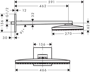 HANSGROHE RAINMAKER SELECT 460 1JET horní sprcha 466x270 mm, s ramenem, bílá/chrom 24003400 Technický nákres