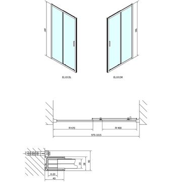 POLYSAN EASY LINE sprchové dveře 100x190 cm, posuvné, aluchrom/čiré sklo EL1015 Technický nákres