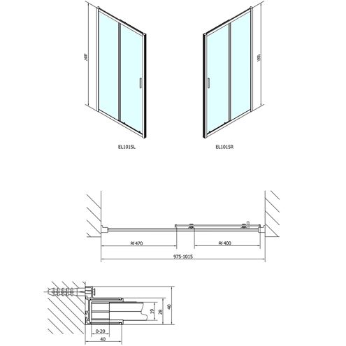 POLYSAN EASY LINE sprchové dveře 100x190 cm, posuvné, aluchrom/čiré sklo EL1015 Technický nákres