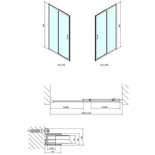 POLYSAN EASY LINE sprchové dveře 110x190 cm, posuvné, aluchrom/čiré sklo EL1115 Technický nákres