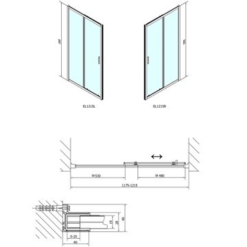 POLYSAN EASY LINE sprchové dveře 120x190 cm, posuvné, aluchrom/čiré sklo EL1215 Technický nákres