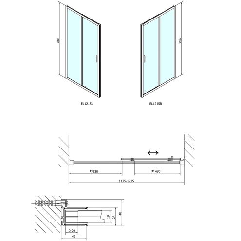 POLYSAN EASY LINE sprchové dveře 120x190 cm, posuvné, aluchrom/čiré sklo EL1215 Technický nákres