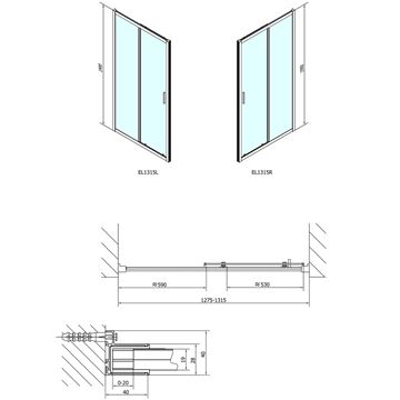 POLYSAN EASY LINE sprchové dveře 130x190 cm, posuvné, aluchrom/čiré sklo EL1315 Technický nákres